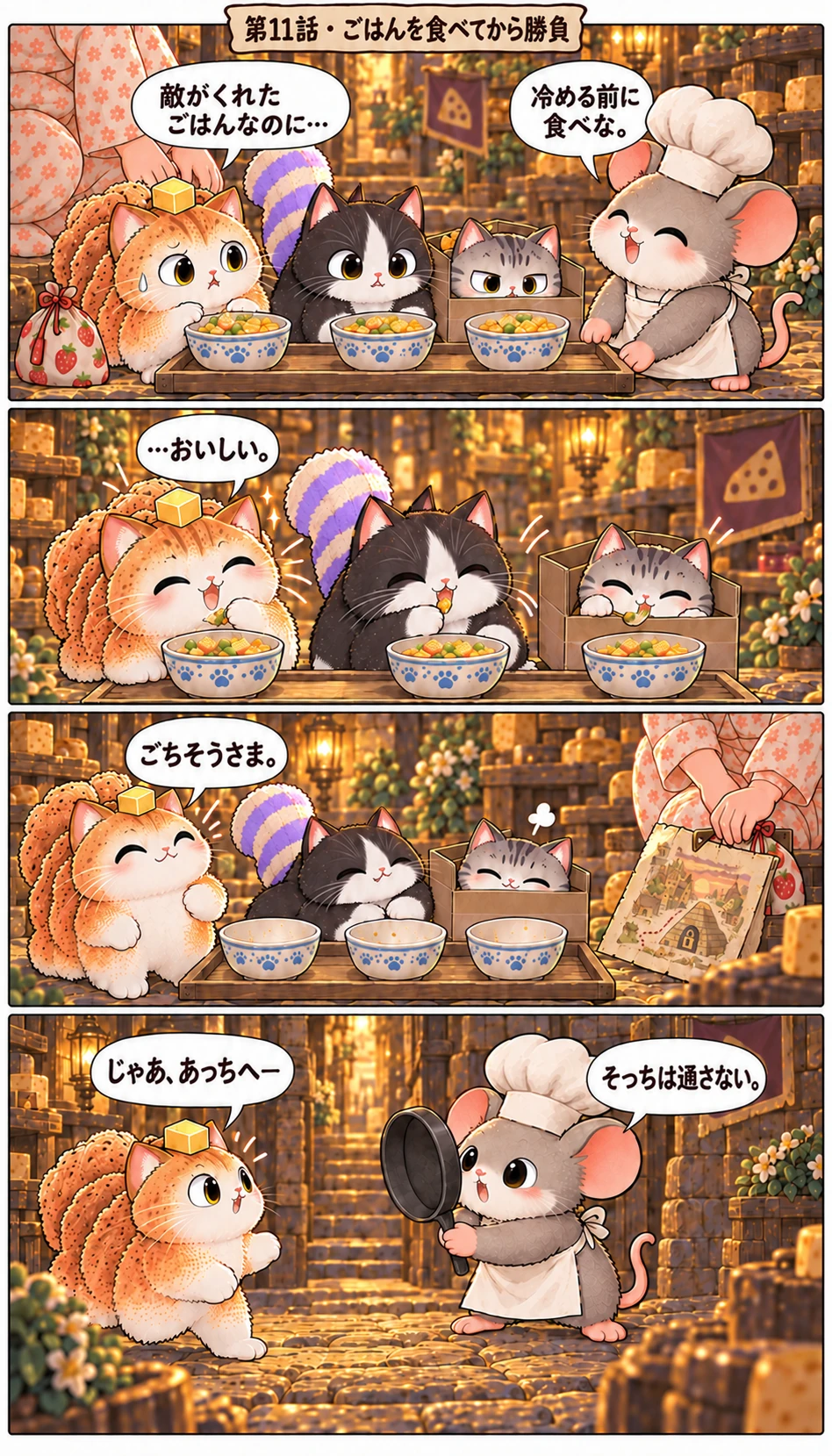 敵がくれたごはんなのに… 冷める前に食べな。 …おいしい。 ごちそうさま。 じゃあ、あっちへ— そっちは通さない。