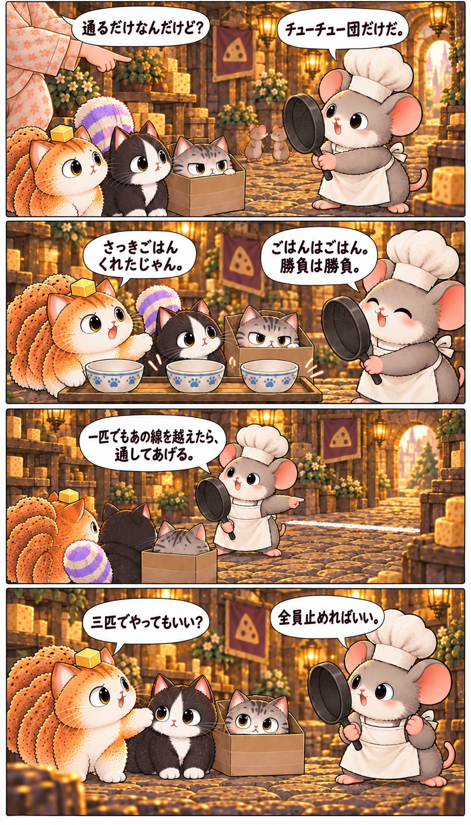 通るだけなんだけど? チューチュー団だけだ。 さっきごはんくれたじゃん。 ごはんはごはん。勝負は勝負。 一匹でもあの線を越えたら、通してあげる。 三匹でやってもいい? 全員止めればいい。