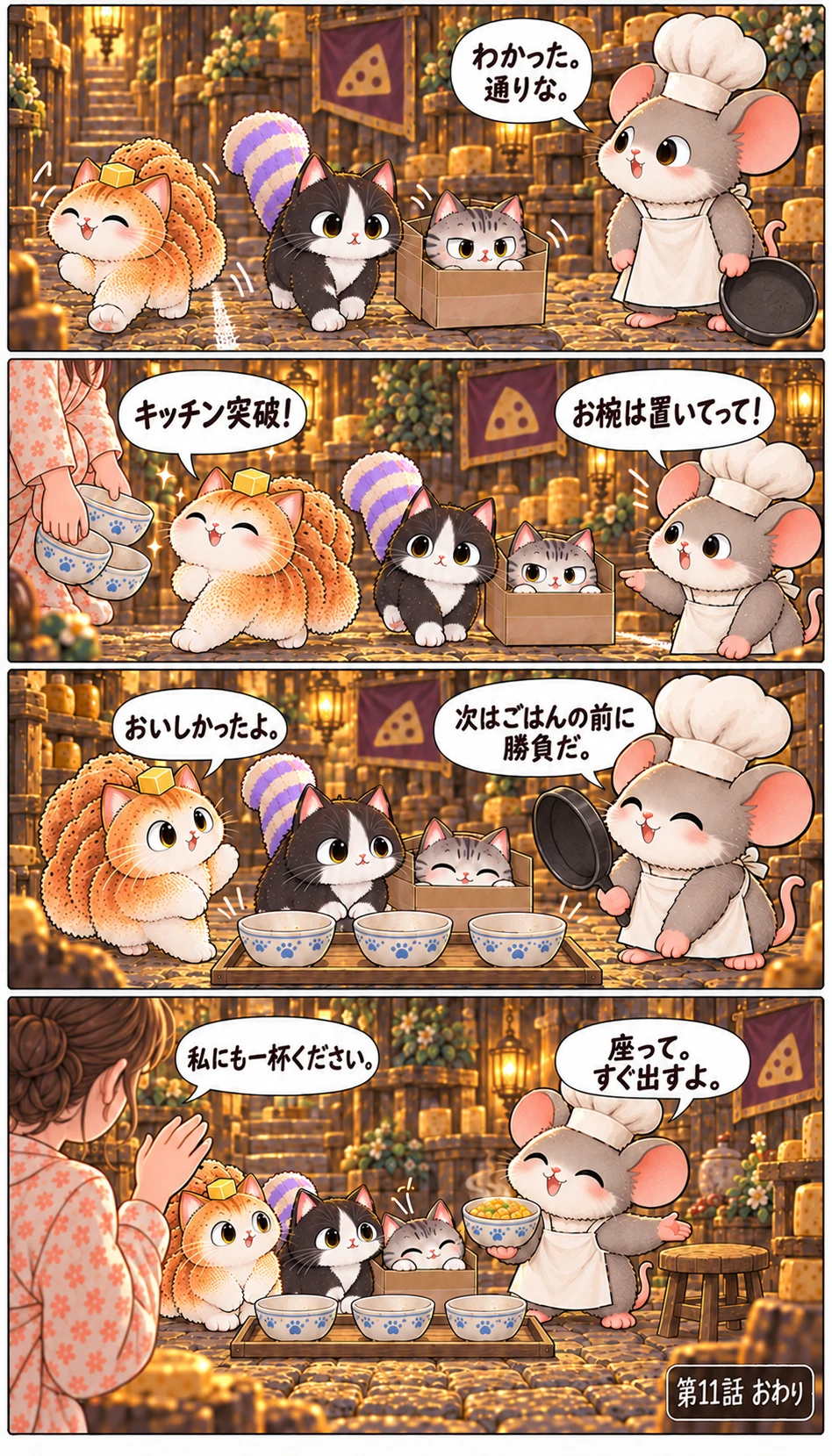 わかった。通りな。 キッチン突破! お椀は置いてって! おいしかったよ。 次はごはんの前に勝負だ。 私にも一杯ください。 座って。すぐ出すよ。 第11話 おわり