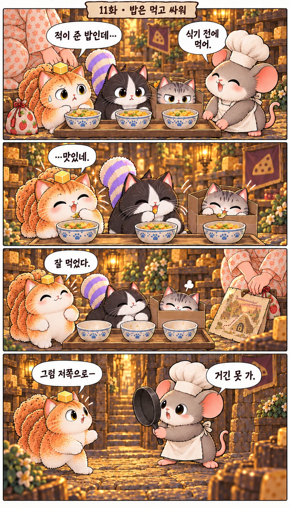 적이 준 밥인데… 식기 전에 먹어. …맛있네. 잘 먹었다. 그럼 저쪽으로— 거긴 못 가.