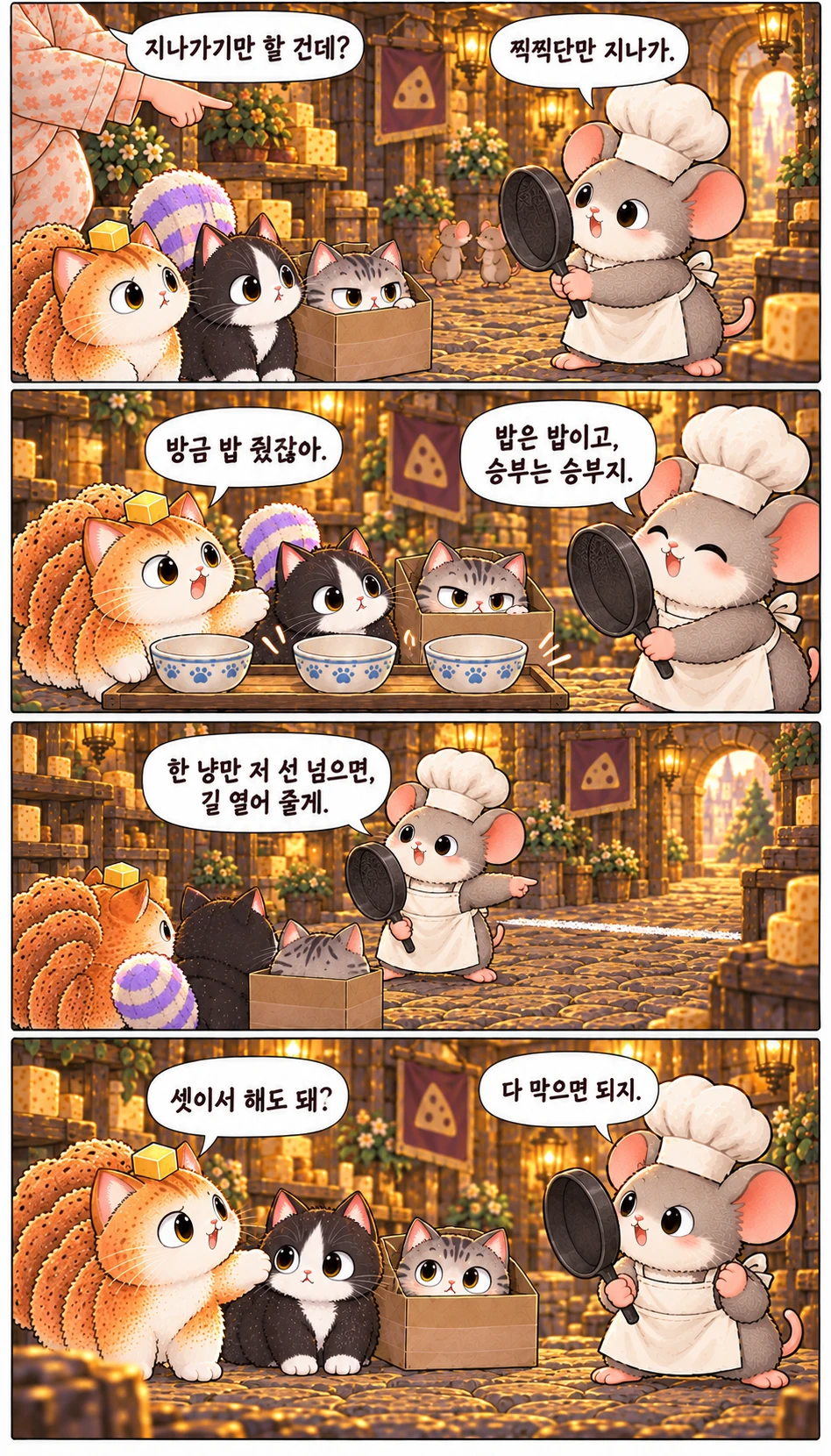 지나가기만 할 건데? 찍찍단만 지나가. 방금 밥 줬잖아. 밥은 밥이고, 승부는 승부지. 한 냥만 저 선 넘으면, 길 열어 줄게. 셋이서 해도 돼? 다 막으면 되지.