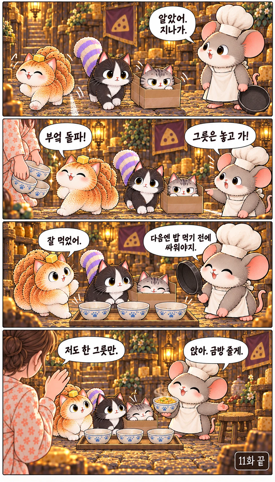 알았어. 지나가. 부엌 돌파! 그릇은 놓고 가! 잘 먹었어. 다음엔 밥 먹기 전에 싸워야지. 저도 한 그릇만. 앉아. 금방 줄게. 11화 끝