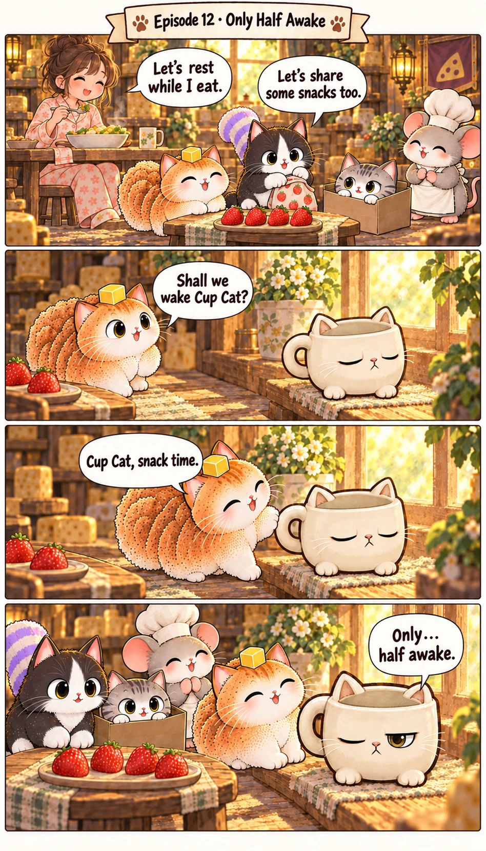 Let's rest while I eat. Let's share some snacks too. Shall we wake Cup Cat? Cup Cat, snack time. Only… half awake.