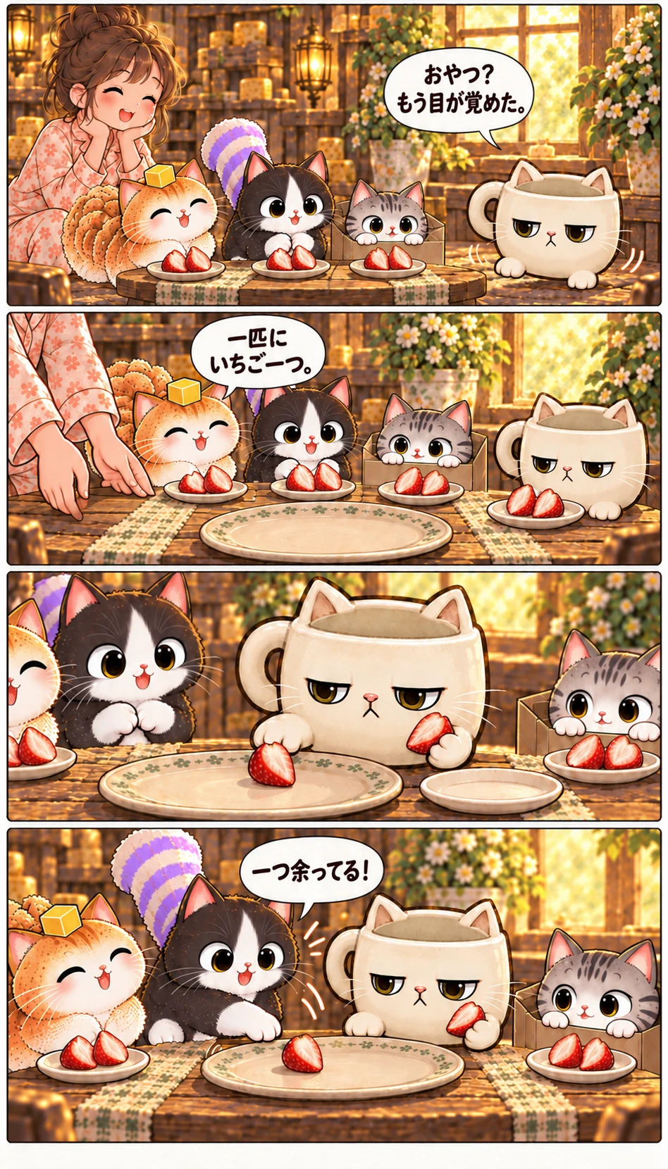 おやつ?もう目が覚めた。 一匹にいちご一つ。 一つ余ってる!