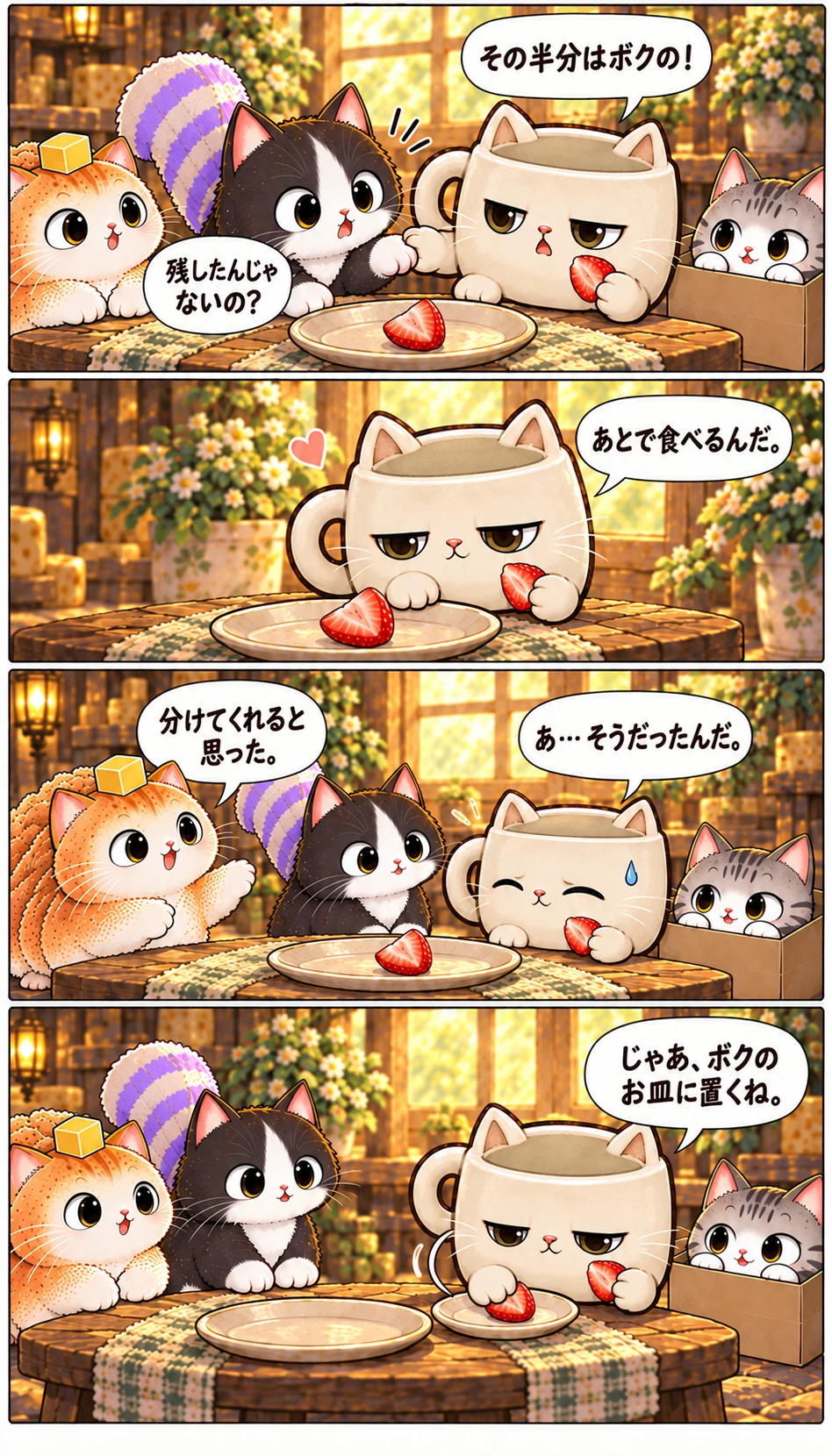 その半分はボクの! 残したんじゃないの? あとで食べるんだ。 分けてくれると思った。 あ…そうだったんだ。 じゃあ、ボクのお皿に置くね。