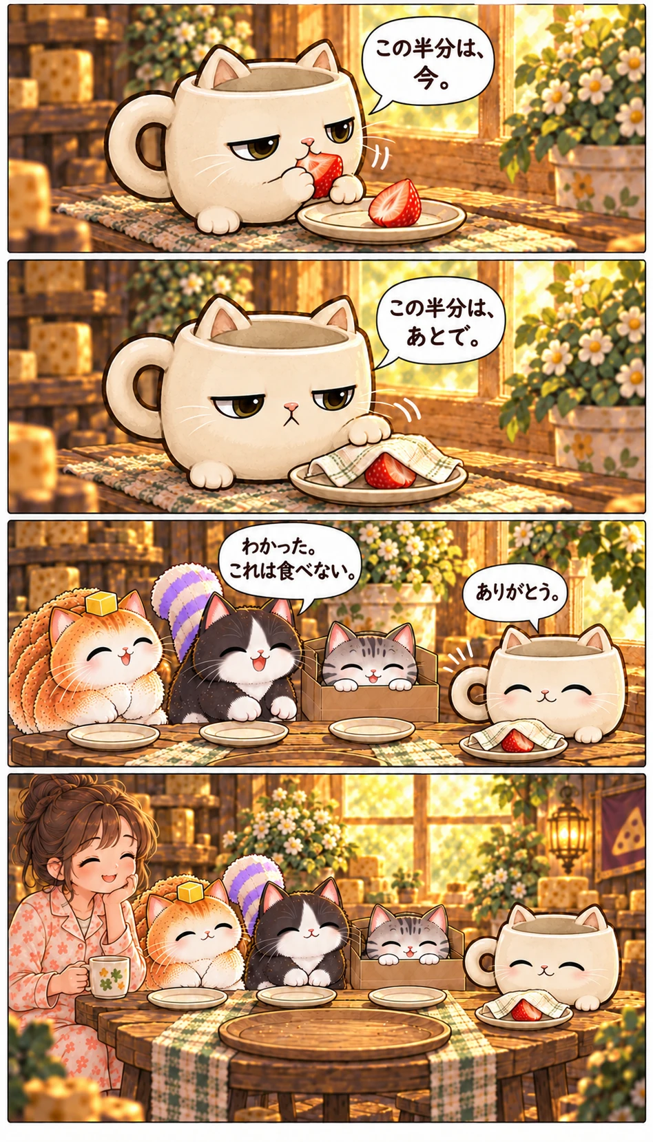 この半分は、今。 この半分は、あとで。 わかった。これは食べない。 ありがとう。