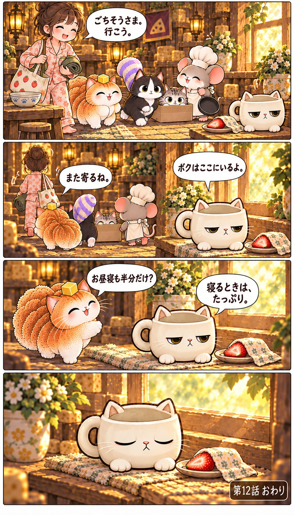ごちそうさま。行こう。 ボクはここにいるよ。 また寄るね。 お昼寝も半分だけ? 寝るときは、たっぷり。 第12話 おわり