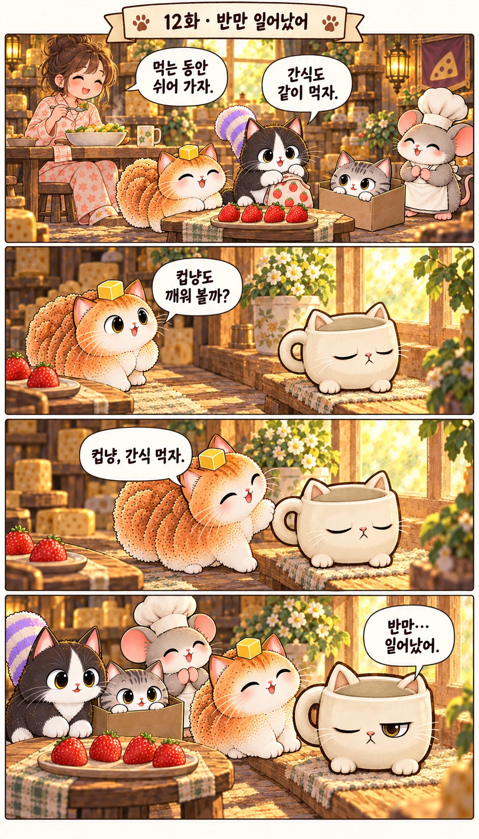 먹는 동안 쉬어 가자. 간식도 같이 먹자. 컵냥도 깨워 볼까? 컵냥, 간식 먹자. 반만… 일어났어.