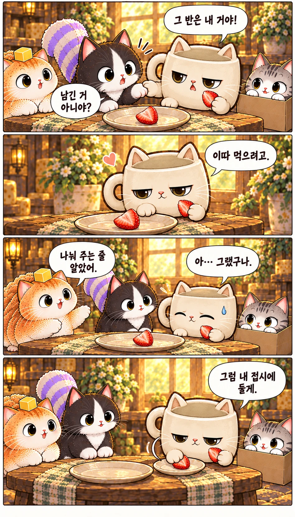 그 반은 내 거야! 남긴 거 아니야? 이따 먹으려고. 나눠 주는 줄 알았어. 아… 그랬구나. 그럼 내 접시에 둘게.