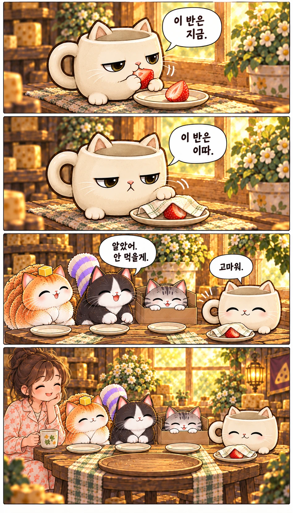 이 반은 지금. 이 반은 이따. 알았어. 안 먹을게. 고마워.