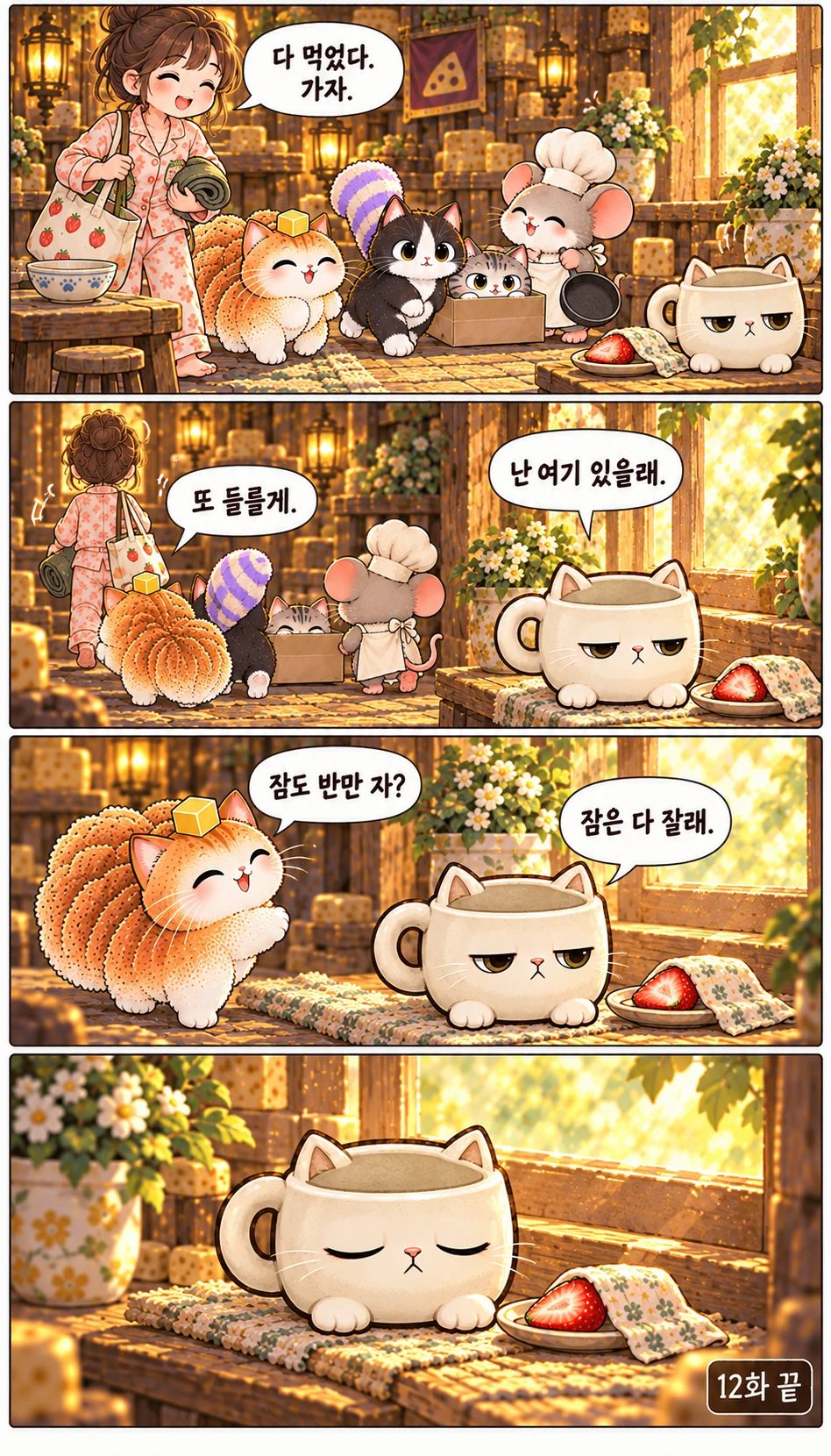 다 먹었다. 가자. 난 여기 있을래. 또 들를게. 잠도 반만 자? 잠은 다 잘래. 12화 끝
