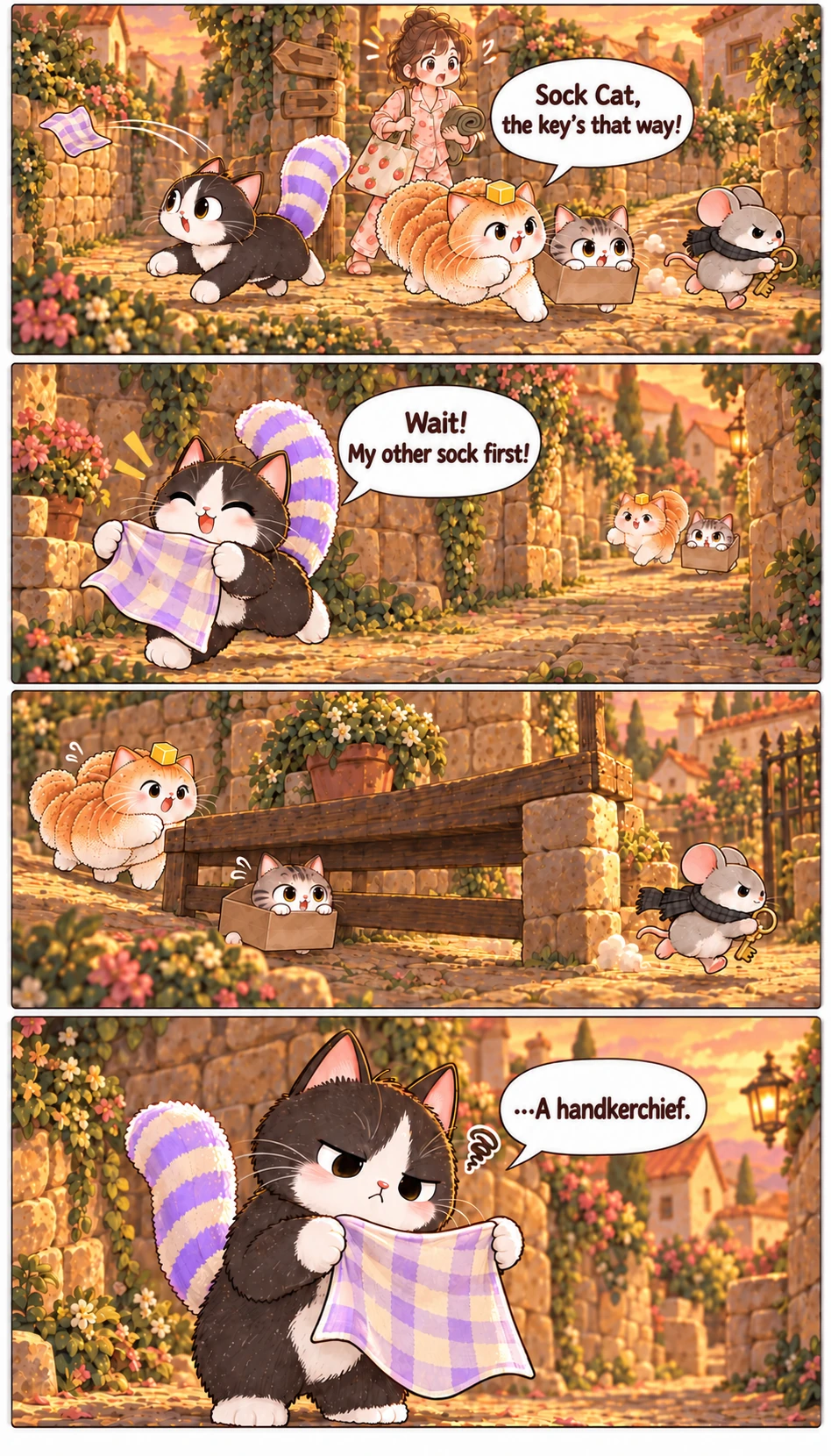 Sock Cat, the key’s that way! Wait! My other sock first! …A handkerchief.