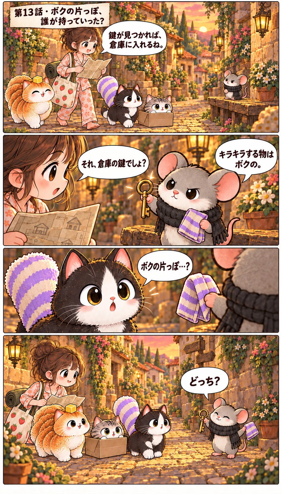 鍵が見つかれば、倉庫に入れるね。 それ、倉庫の鍵でしょ？ キラキラする物はボクの。 ボクの片っぽ…？ どっち？