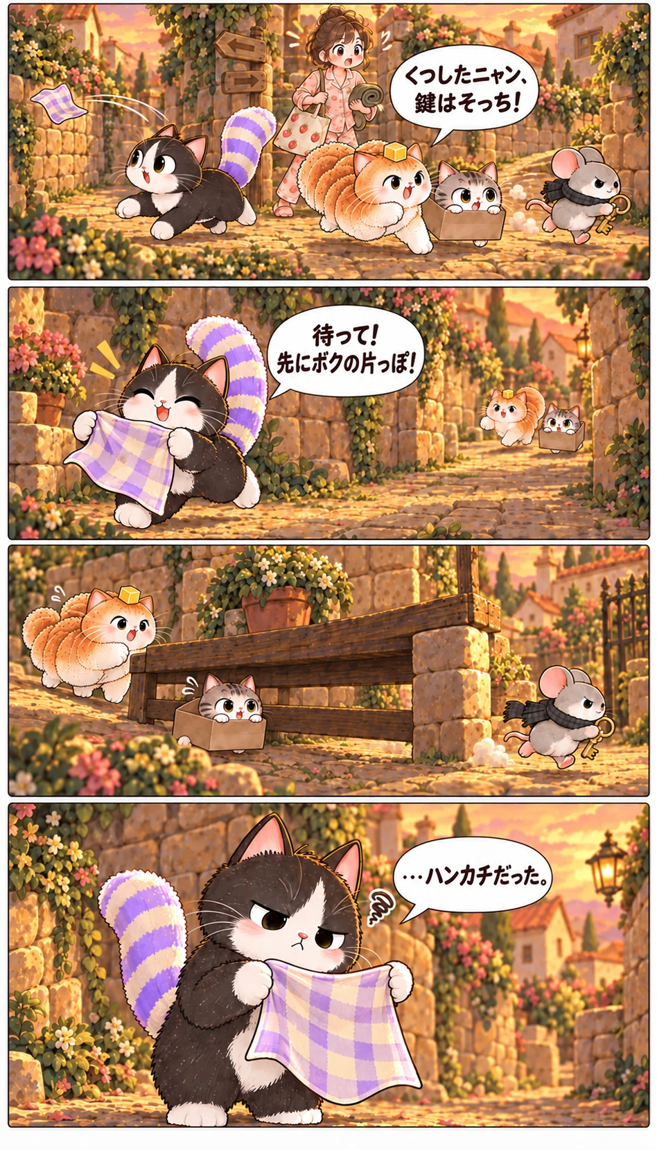 くつしたニャン、鍵はそっち！ 待って！先にボクの片っぽ！ …ハンカチだった。