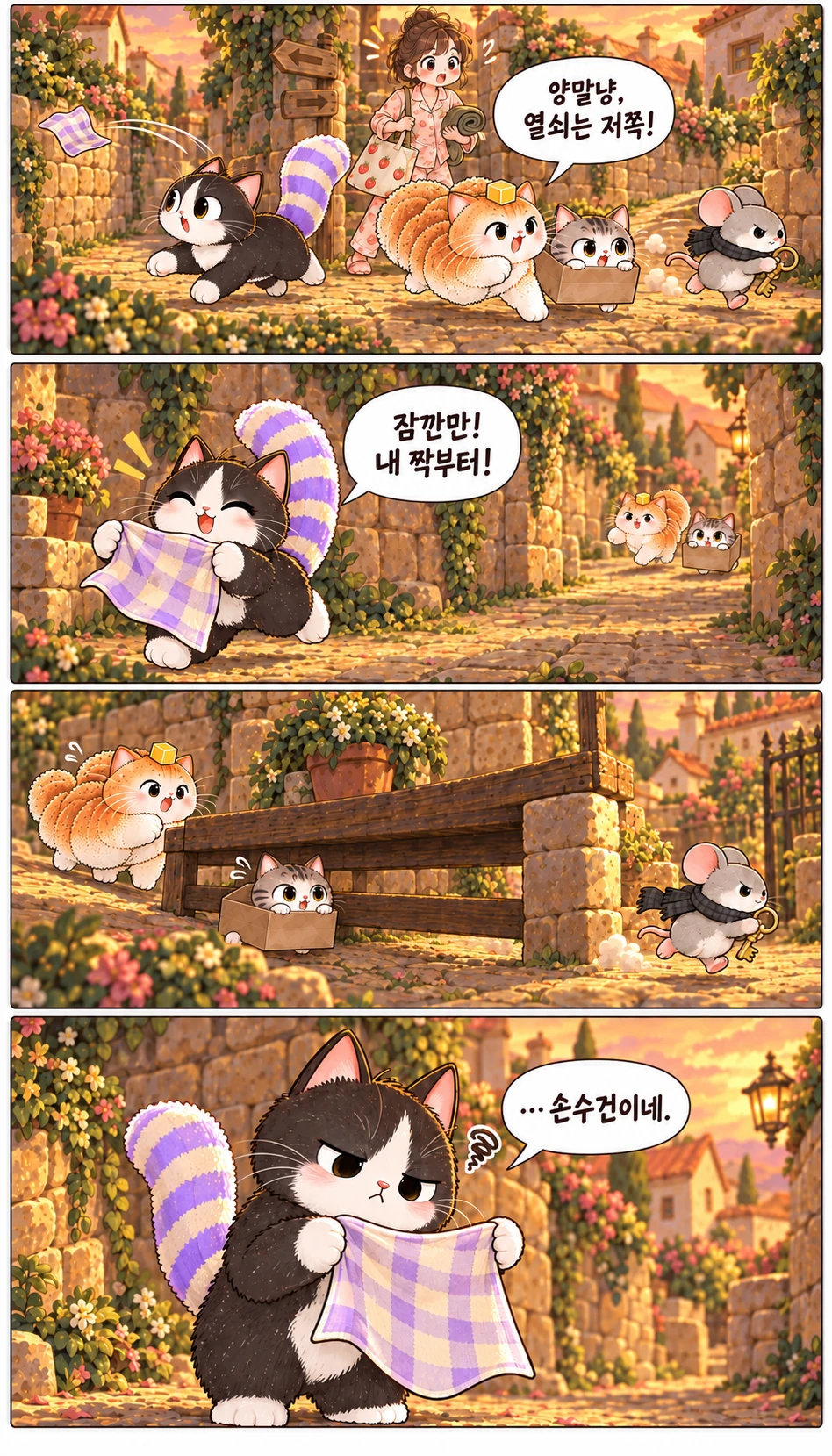 양말냥, 열쇠는 저쪽! 잠깐만! 내 짝부터! …손수건이네.