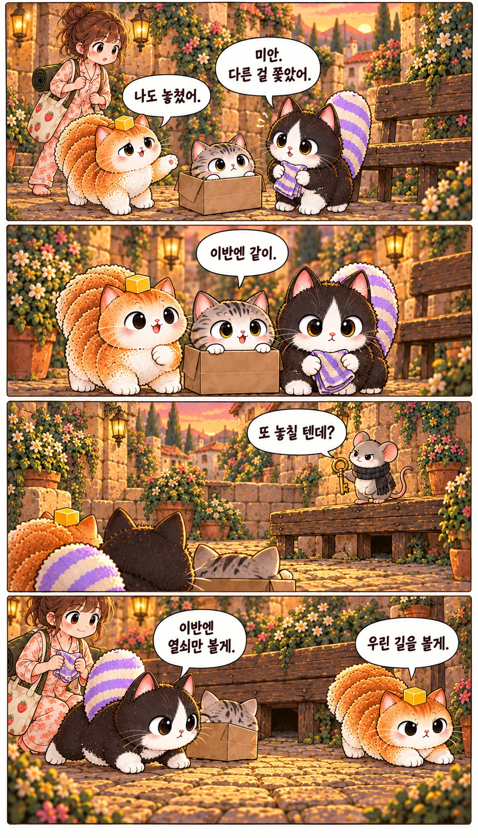 미안. 다른 걸 쫓았어. 나도 놓쳤어. 이번엔 같이. 또 놓칠 텐데? 이번엔 열쇠만 볼게. 우린 길을 볼게.