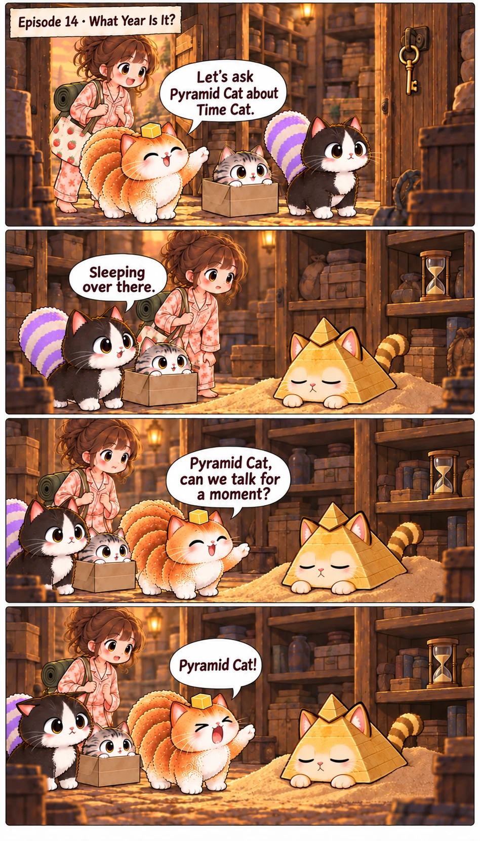 Episode 14 · What Year Is It? Let’s ask Pyramid Cat about Time Cat. Sleeping over there. Pyramid Cat, can we talk for a moment? Pyramid Cat!