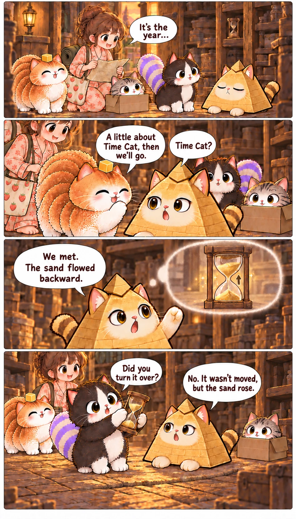 It’s the year… A little about Time Cat, then we’ll go. Time Cat? We met. The sand flowed backward. Did you turn it over? No. It wasn’t moved, but the sand rose.