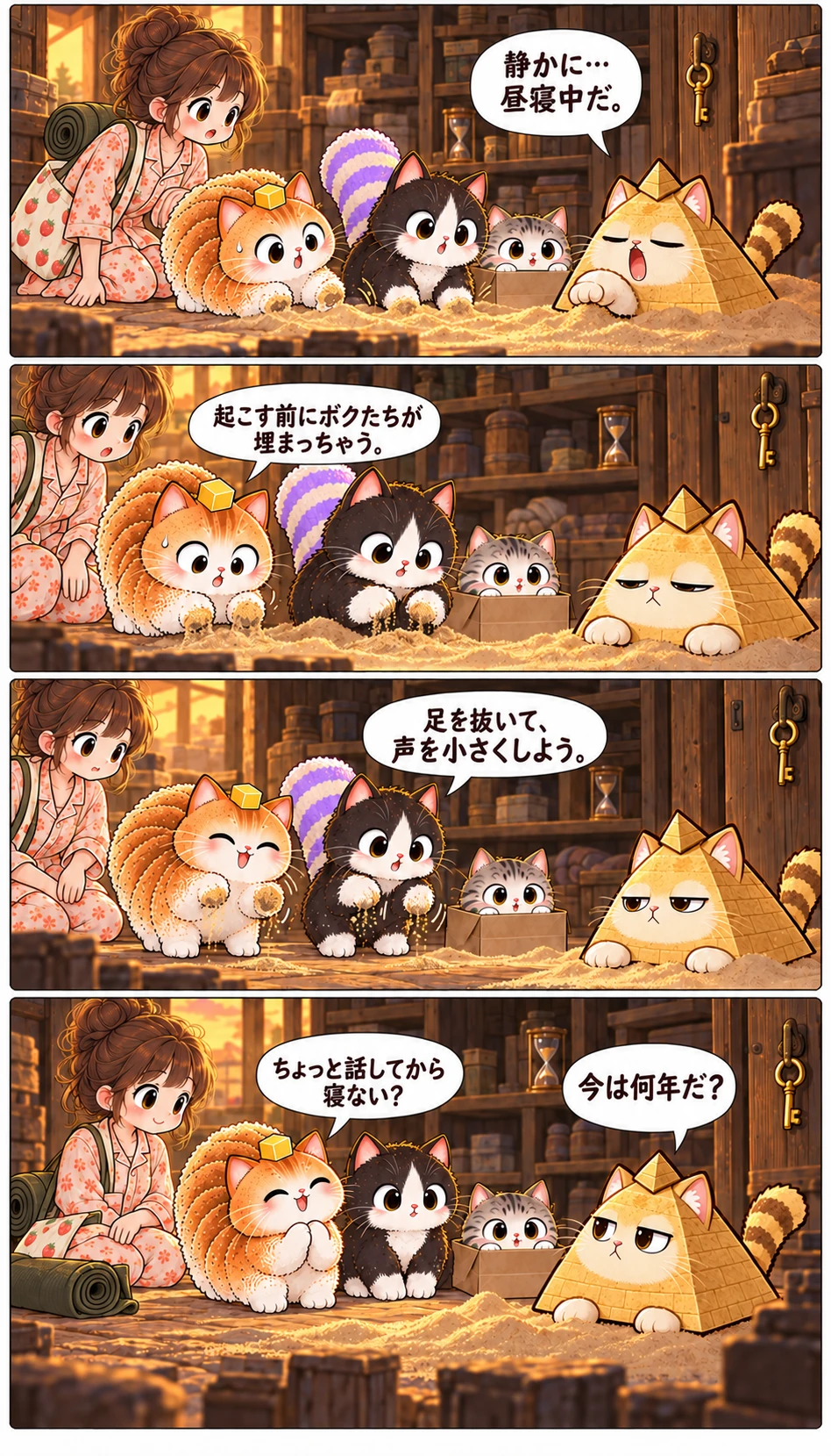 静かに…昼寝中だ。 起こす前にボクたちが埋まっちゃう。 足を抜いて、声を小さくしよう。 ちょっと話してから寝ない? 今は何年だ?