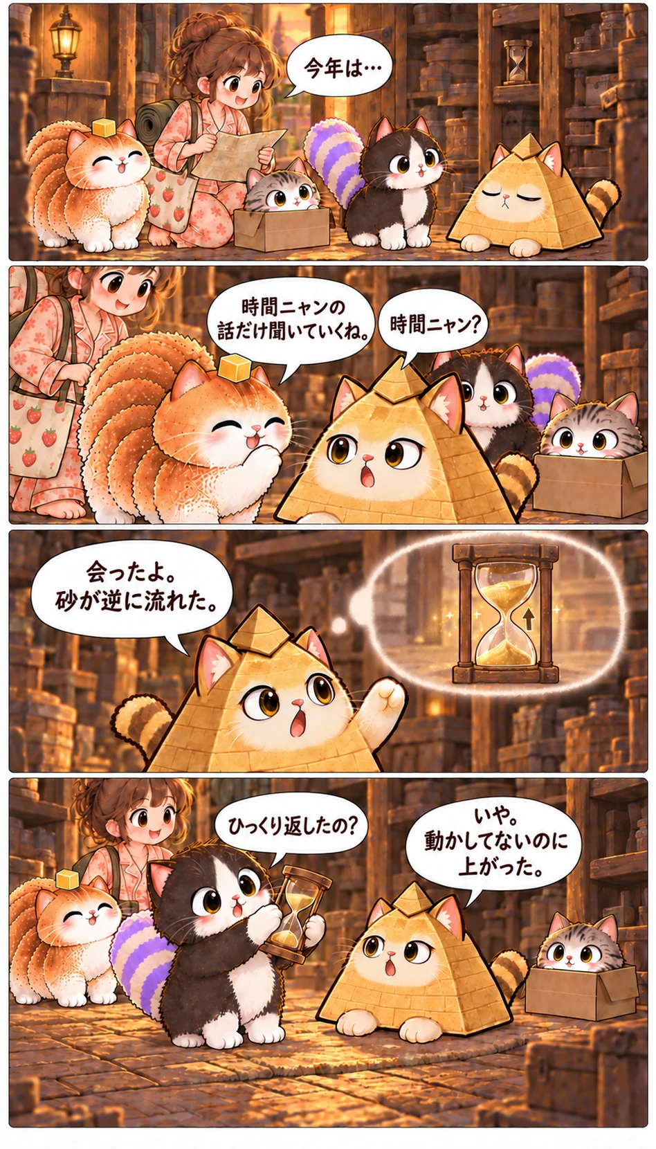 今年は… 時間ニャンの話だけ聞いていくね。 時間ニャン? 会ったよ。砂が逆に流れた。 ひっくり返したの? いや。動かしてないのに上がった。