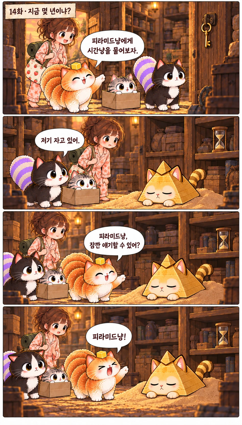 14화 · 지금 몇 년이냐? 피라미드냥에게 시간냥을 물어보자. 저기 자고 있어. 피라미드냥, 잠깐 얘기할 수 있어? 피라미드냥!