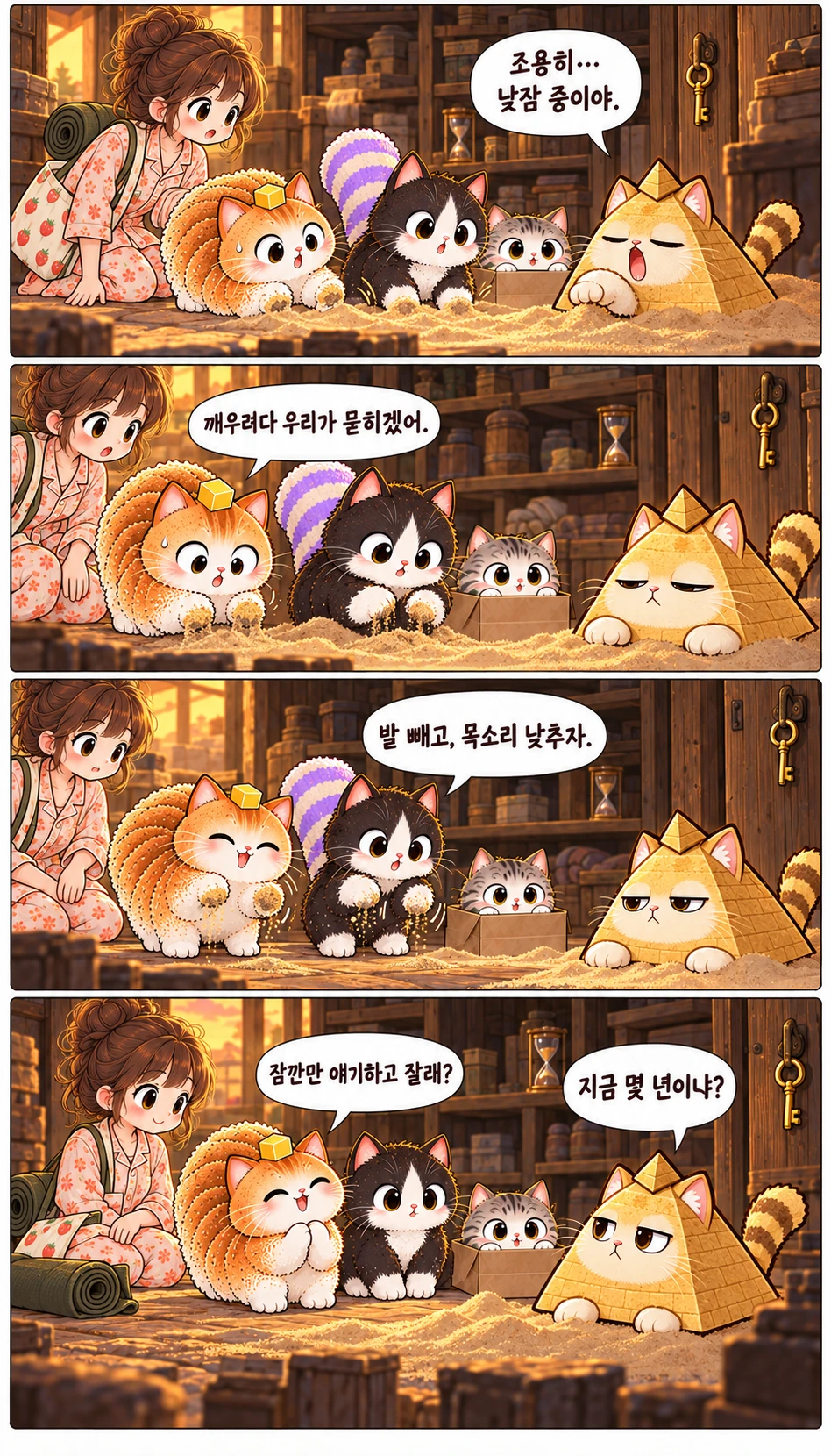 조용히… 낮잠 중이야. 깨우려다 우리가 묻히겠어. 발 빼고, 목소리 낮추자. 잠깐만 얘기하고 잘래? 지금 몇 년이냐?
