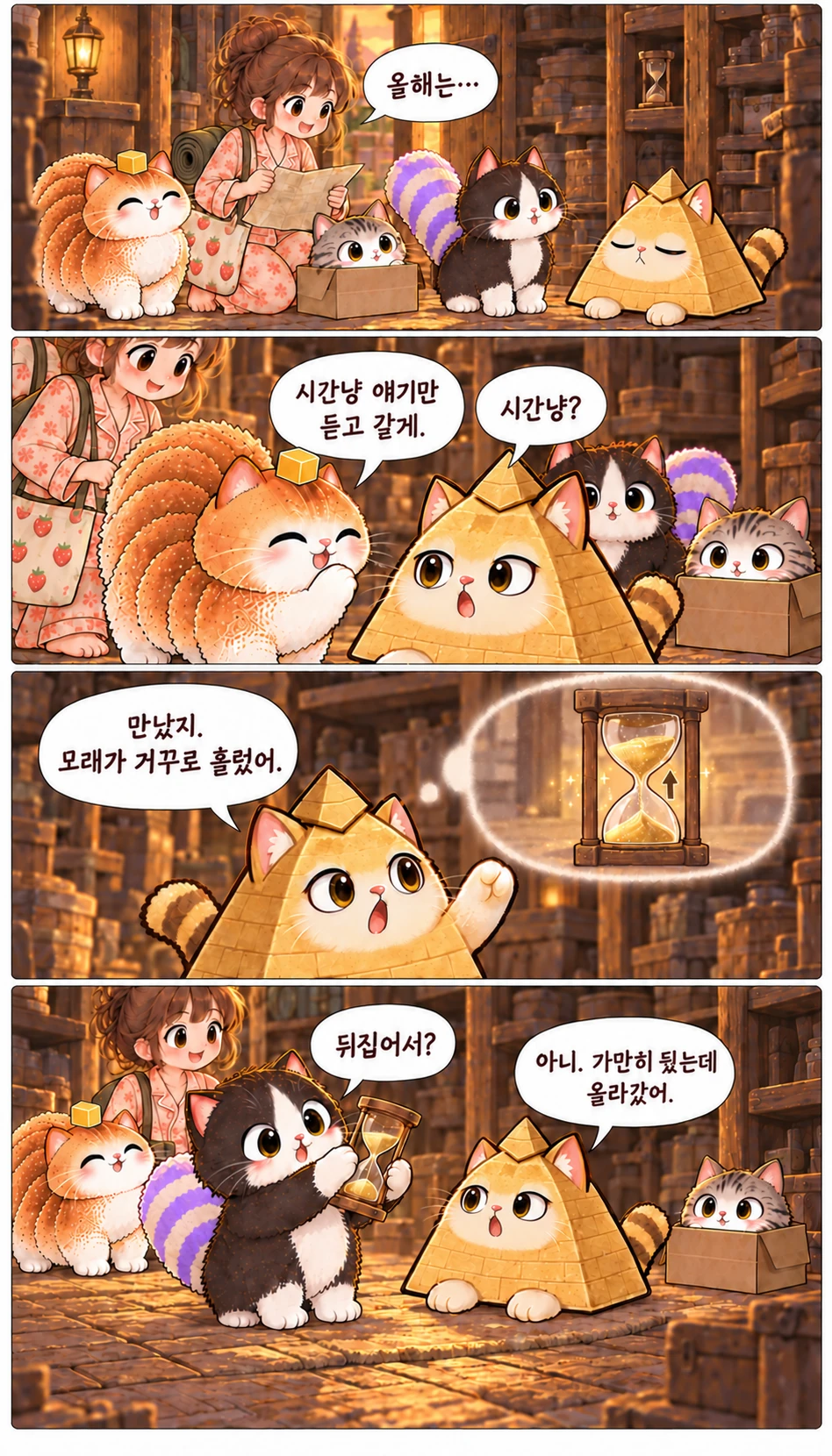 올해는… 시간냥 얘기만 듣고 갈게. 시간냥? 만났지. 모래가 거꾸로 흘렀어. 뒤집어서? 아니. 가만히 뒀는데 올라갔어.