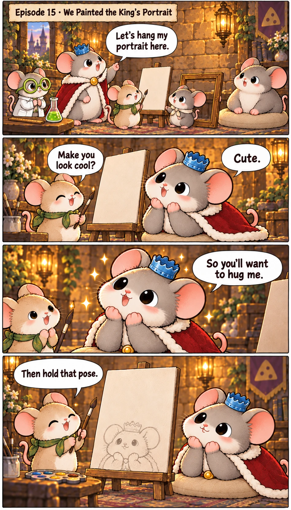 Episode 15 · We Painted the King’s Portrait Let’s hang my portrait here. Make you look cool? Cute. So you’ll want to hug me. Then hold that pose.