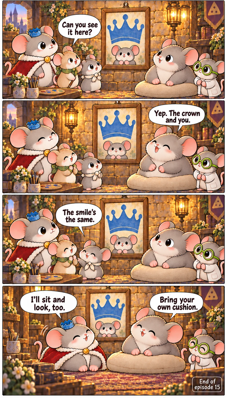 Can you see it here? Yep. The crown and you. The smile’s the same. I’ll sit and look, too. Bring your own cushion. End of episode 15
