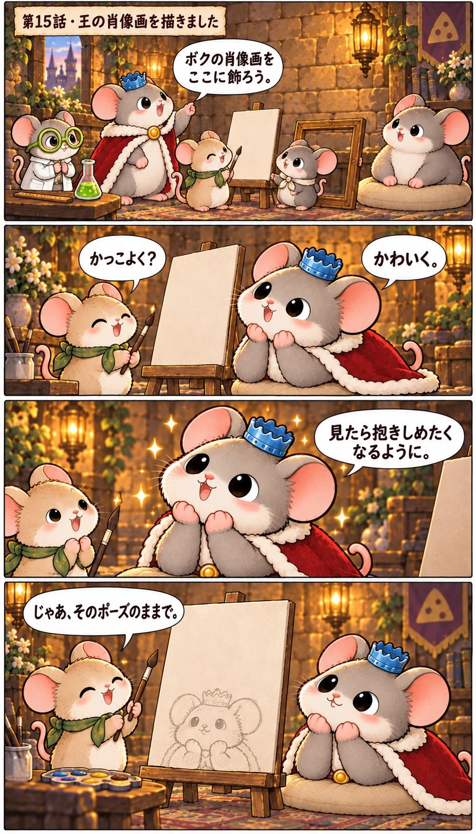 第15話 · 王の肖像画を描きました ボクの肖像画をここに飾ろう。 かっこよく? かわいく。 見たら抱きしめたくなるように。 じゃあ、そのポーズのままで。