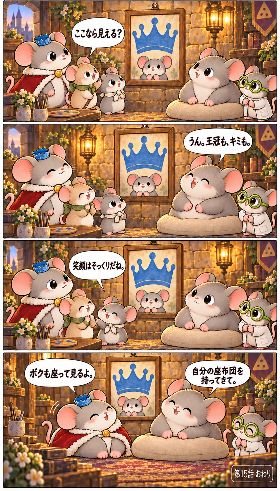 ここなら見える? うん。王冠も、キミも。 笑顔はそっくりだね。 ボクも座って見るよ。 自分の座布団を持ってきて。 第15話 おわり