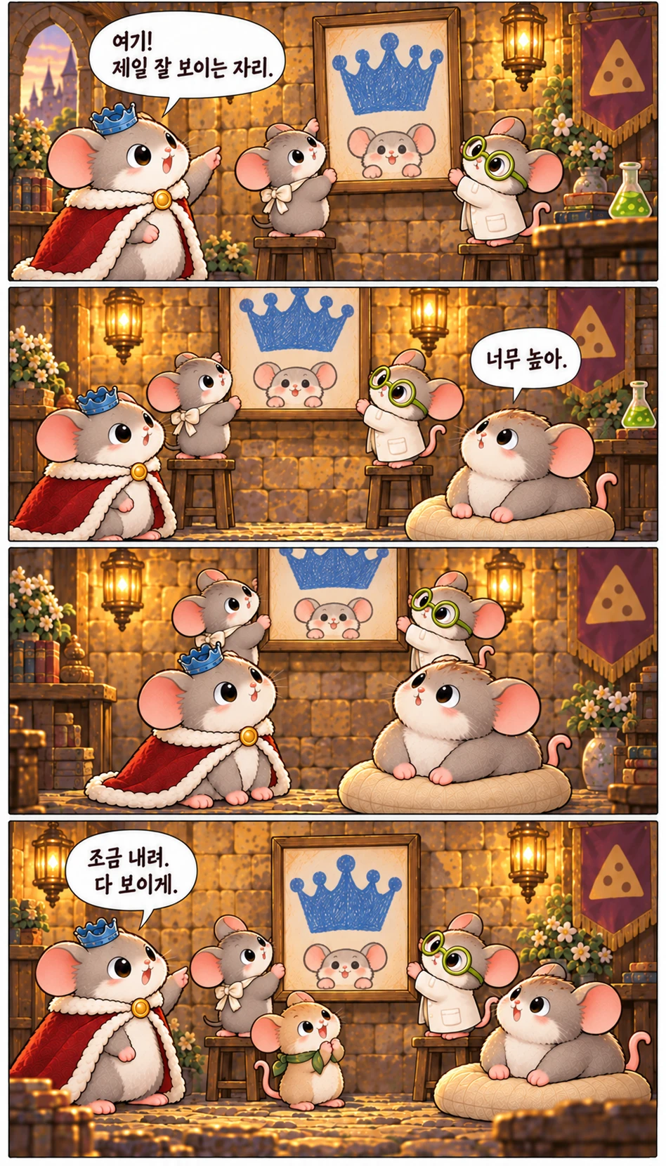 여기! 제일 잘 보이는 자리. 너무 높아. 조금 내려. 다 보이게.