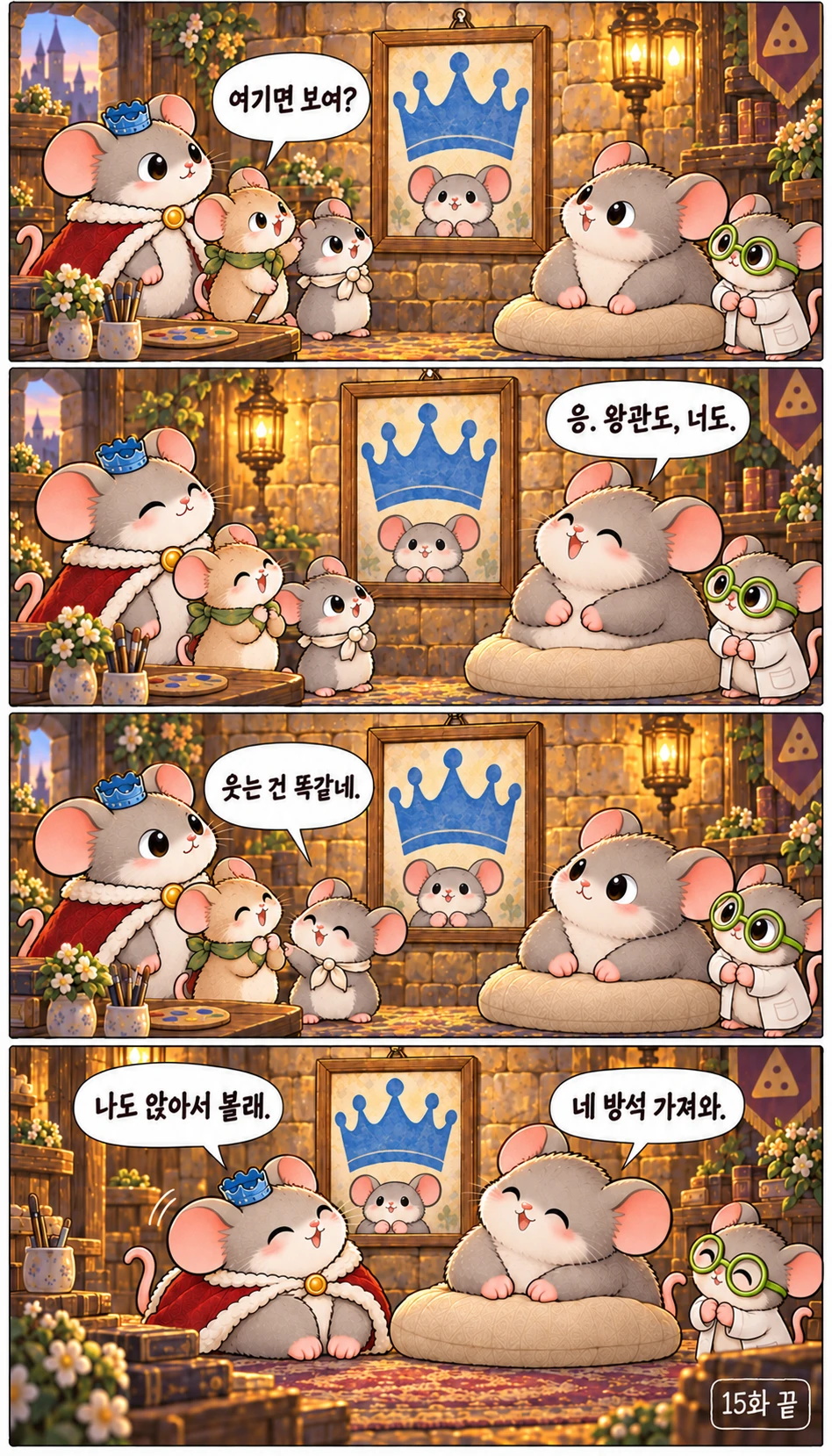 여기면 보여? 응. 왕관도, 너도. 웃는 건 똑같네. 나도 앉아서 볼래. 네 방석 가져와. 15화 끝