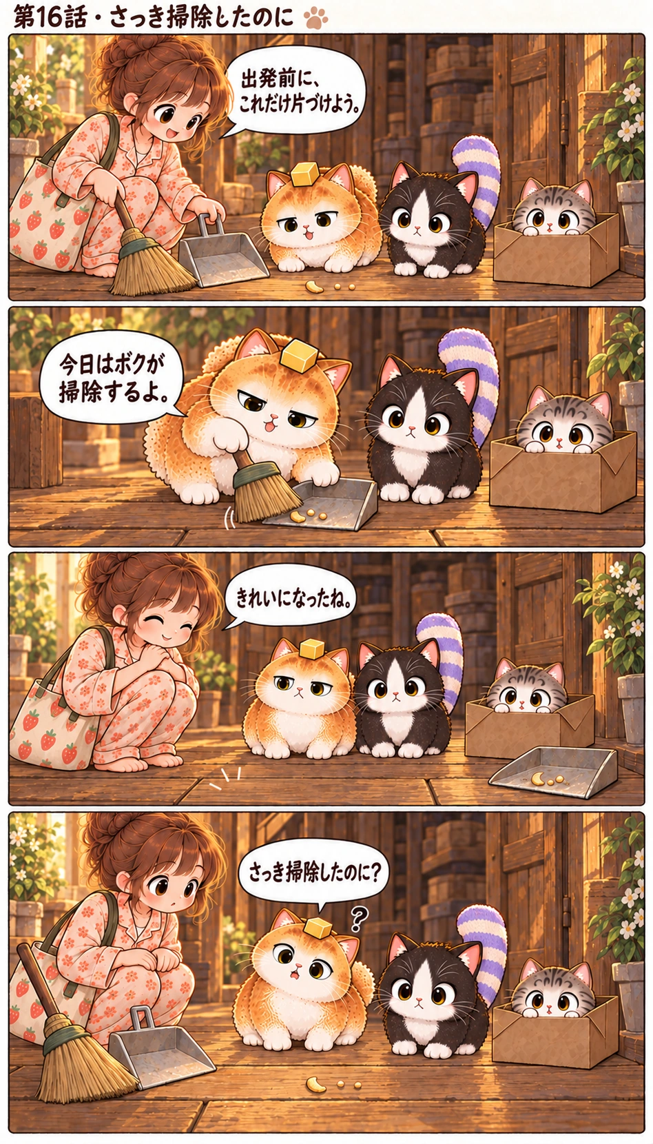 第16話 · さっき掃除したのに 出発前に、これだけ片づけよう。 今日はボクが掃除するよ。 きれいになったね。 さっき掃除したのに？