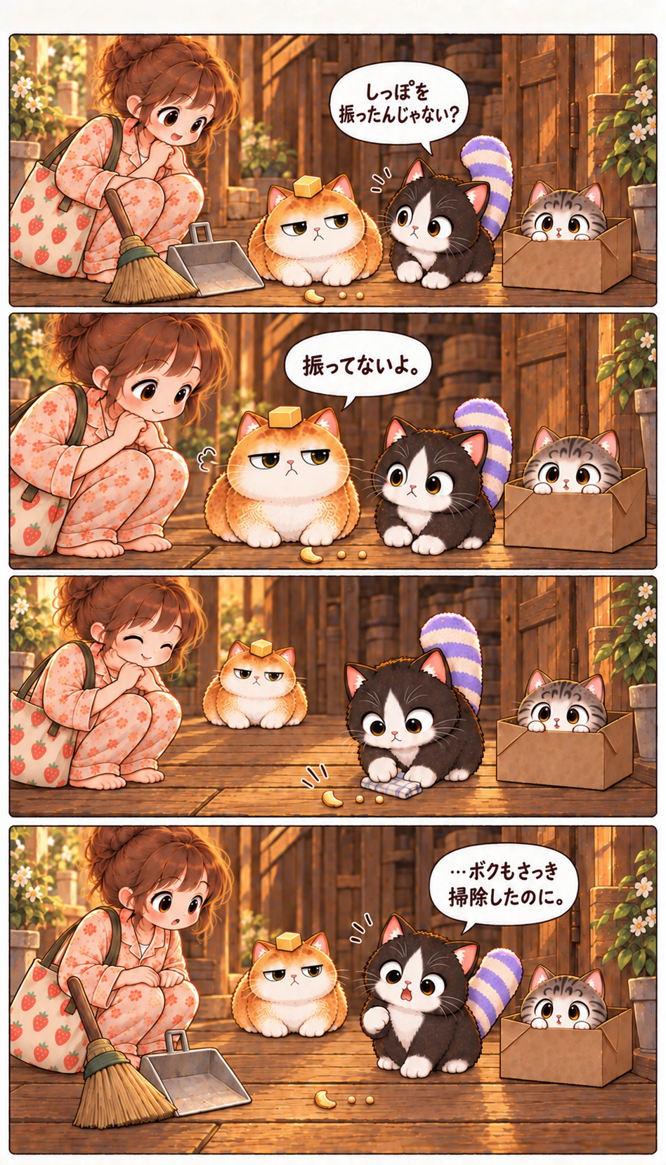 しっぽを振ったんじゃない？ 振ってないよ。 …ボクもさっき掃除したのに。