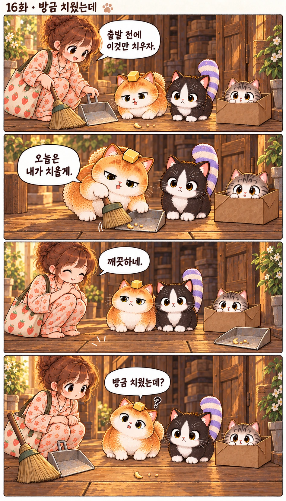 16화 · 방금 치웠는데 출발 전에 이것만 치우자. 오늘은 내가 치울게. 깨끗하네. 방금 치웠는데?