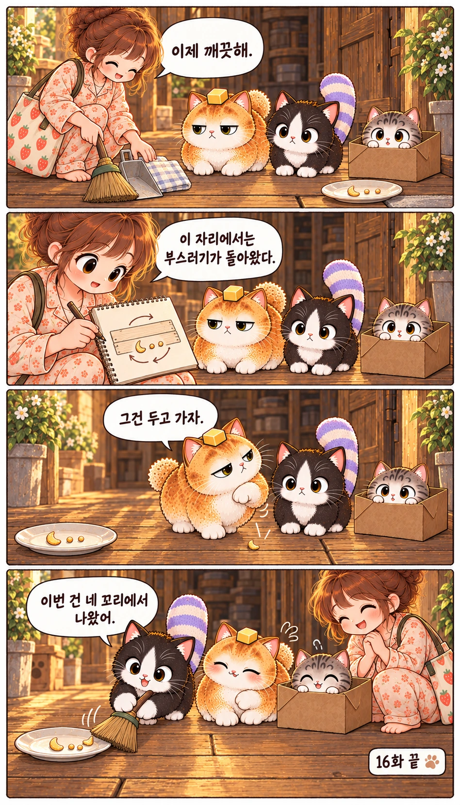 이제 깨끗해. 이 자리에서는 부스러기가 돌아왔다. 그건 두고 가자. 이번 건 네 꼬리에서 나왔어. 16화 끝