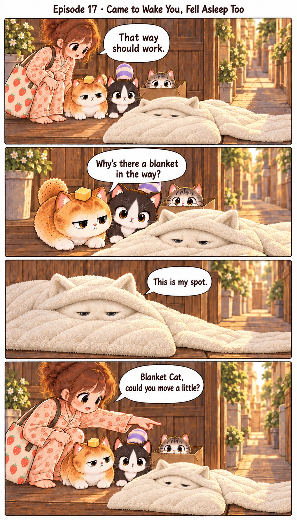 Episode 17 · Came to Wake You, Fell Asleep Too That way should work. Why’s there a blanket in the way? This is my spot. Blanket Cat, could you move a little?