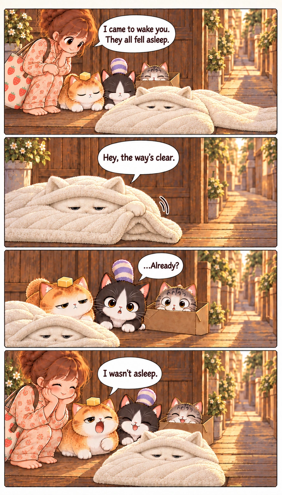 I came to wake you. They all fell asleep. Hey, the way’s clear. …Already? I wasn’t asleep.