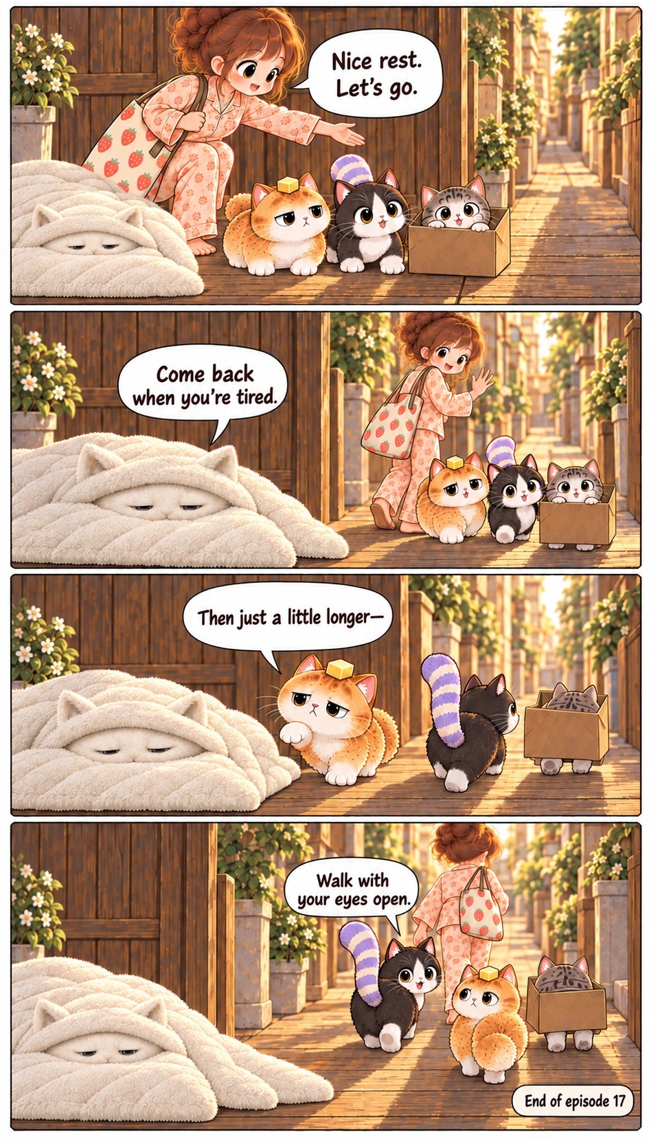 Nice rest. Let’s go. Come back when you’re tired. Then just a little longer— Walk with your eyes open. End of episode 17