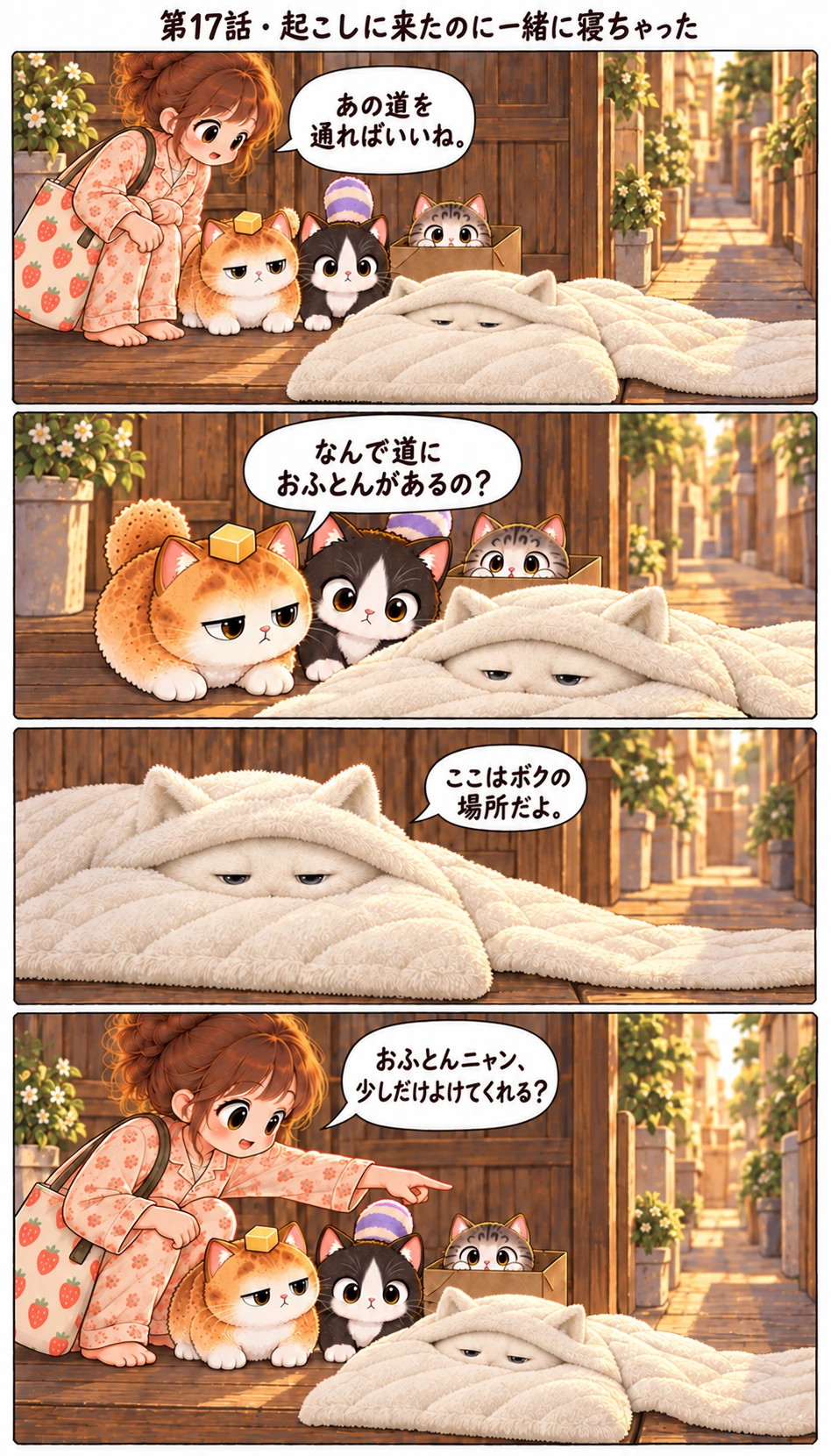 第17話 · 起こしに来たのに一緒に寝ちゃった あの道を通ればいいね。 なんで道におふとんがあるの? ここはボクの場所だよ。 おふとんニャン、少しだけよけてくれる?