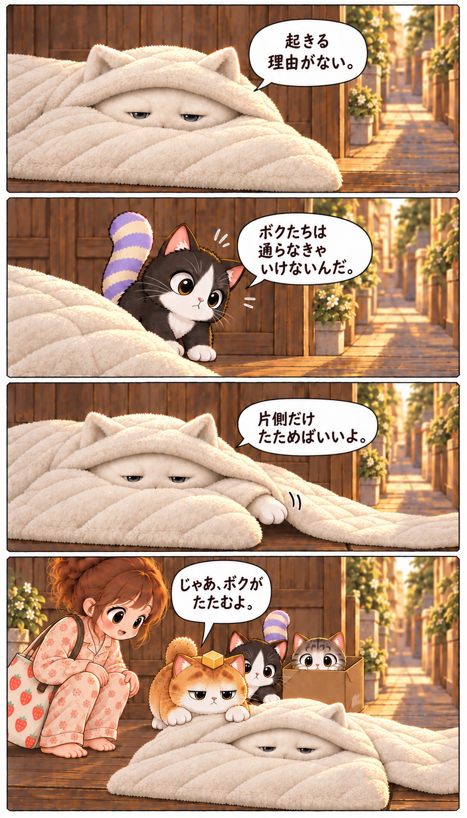 起きる理由がない。 ボクたちは通らなきゃいけないんだ。 片側だけたためばいいよ。 じゃあ、ボクがたたむよ。
