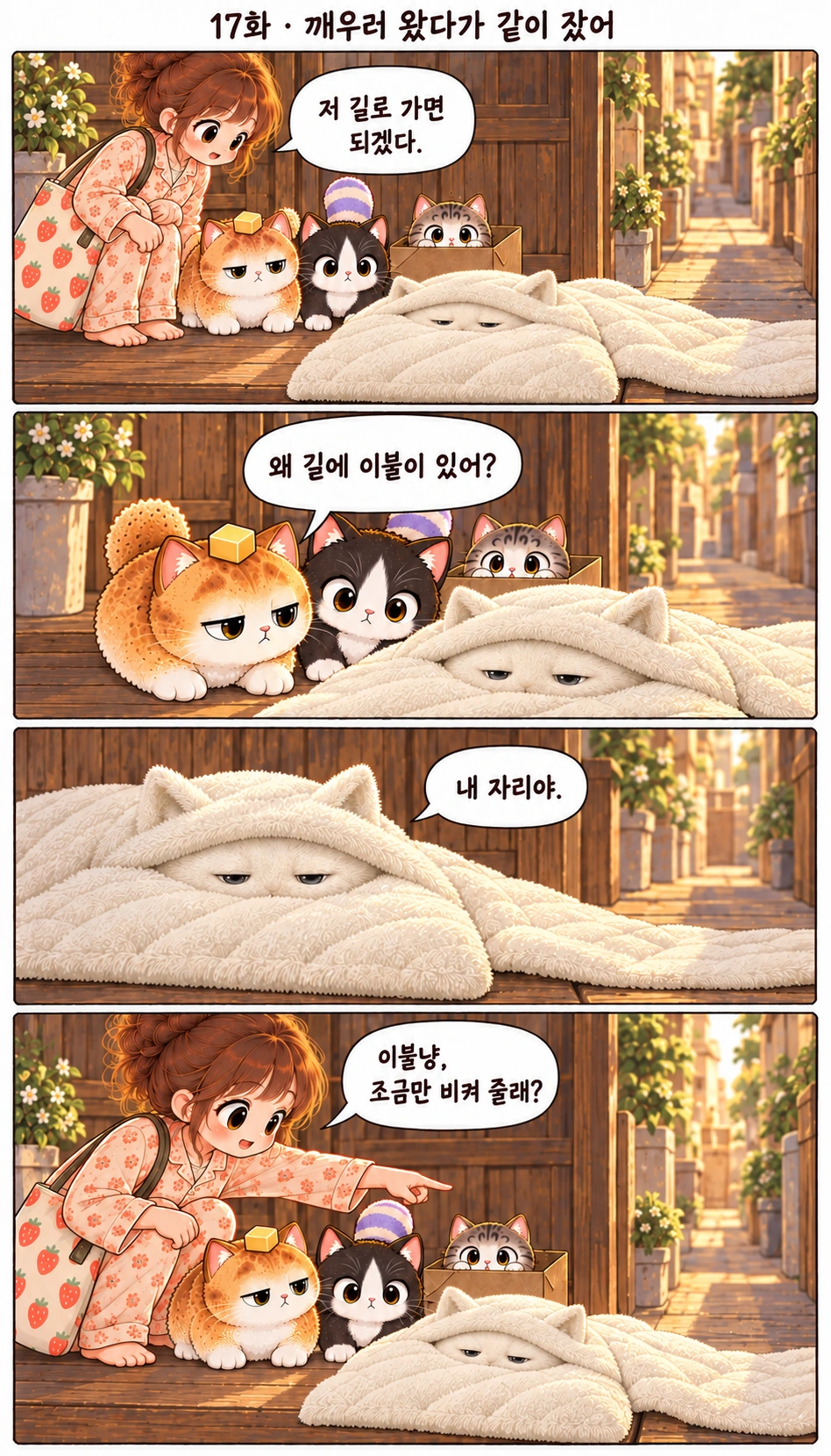 17화 · 깨우러 왔다가 같이 잤어 저 길로 가면 되겠다. 왜 길에 이불이 있어? 내 자리야. 이불냥, 조금만 비켜 줄래?