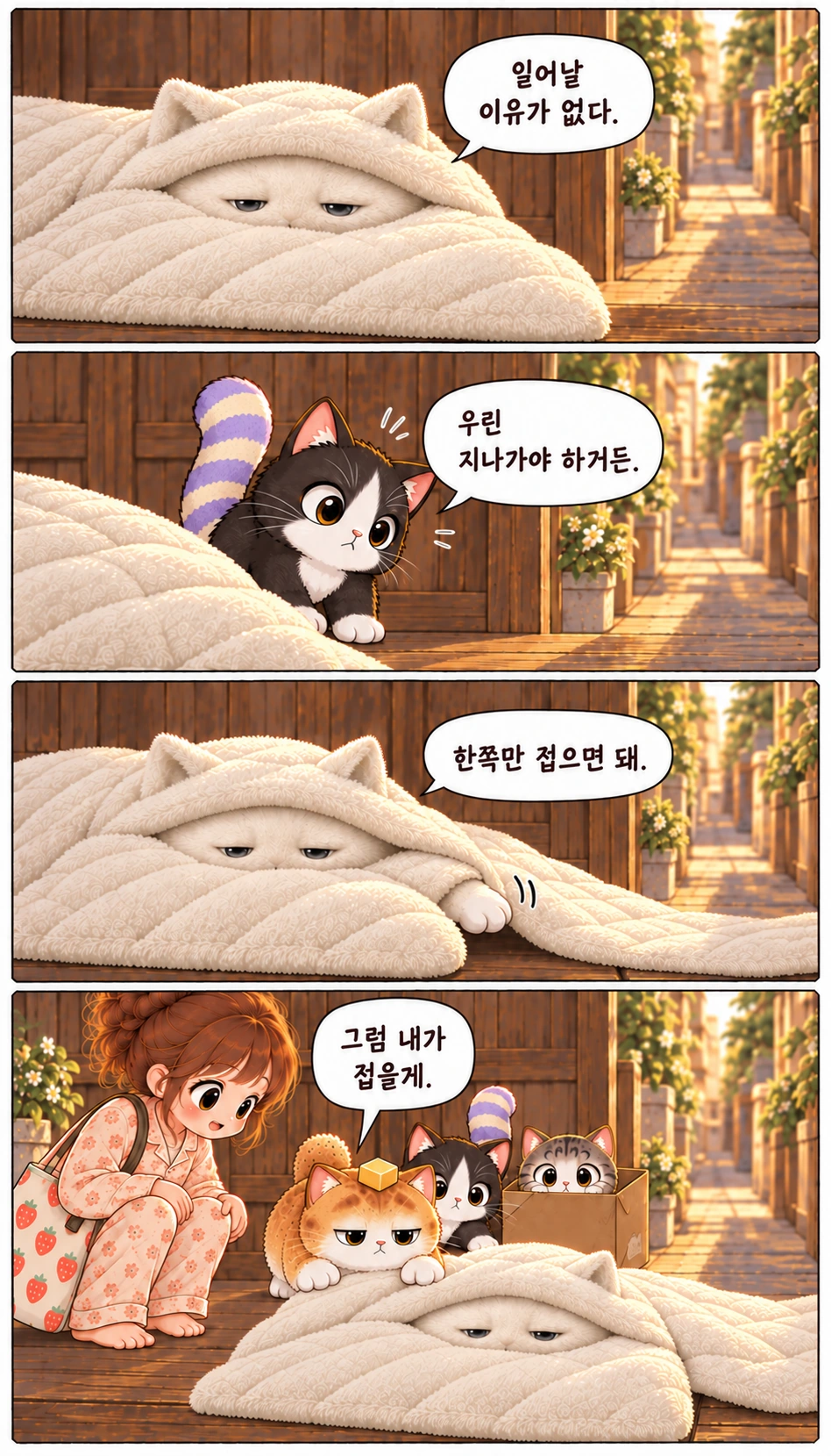 일어날 이유가 없다. 우린 지나가야 하거든. 한쪽만 접으면 돼. 그럼 내가 접을게.