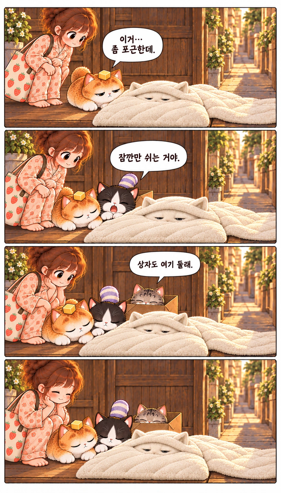 이거… 좀 포근한데. 잠깐만 쉬는 거야. 상자도 여기 둘래.