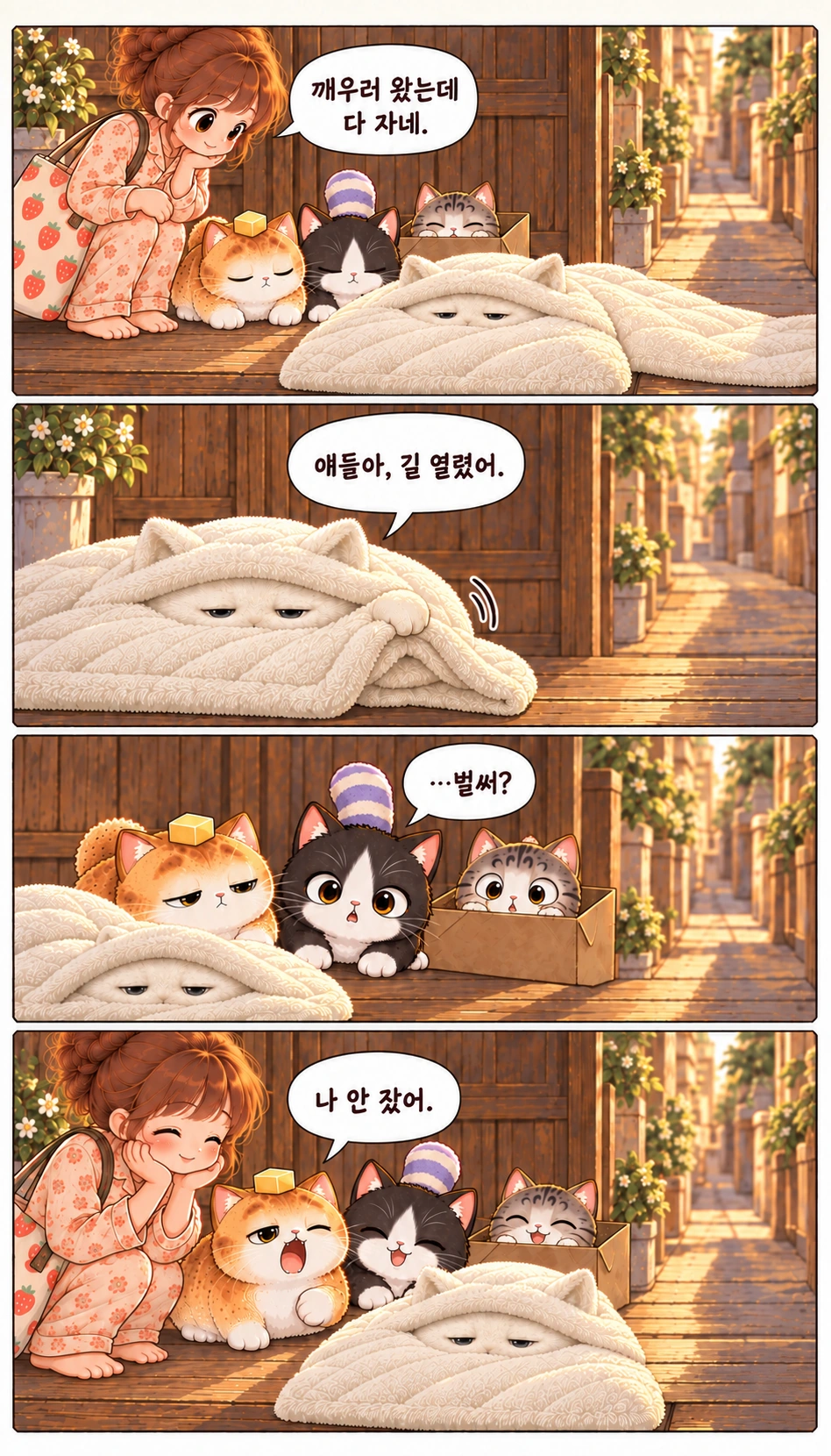 깨우러 왔는데 다 자네. 얘들아, 길 열렸어. …벌써? 나 안 잤어.