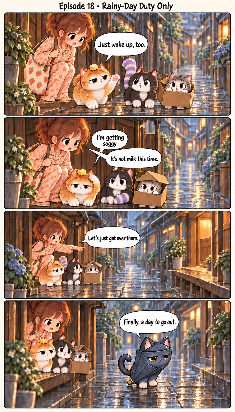 Episode 18 · Rainy-Day Duty Only Just woke up, too. I’m getting soggy. It’s not milk this time. Let’s just get over there. Finally, a day to go out.