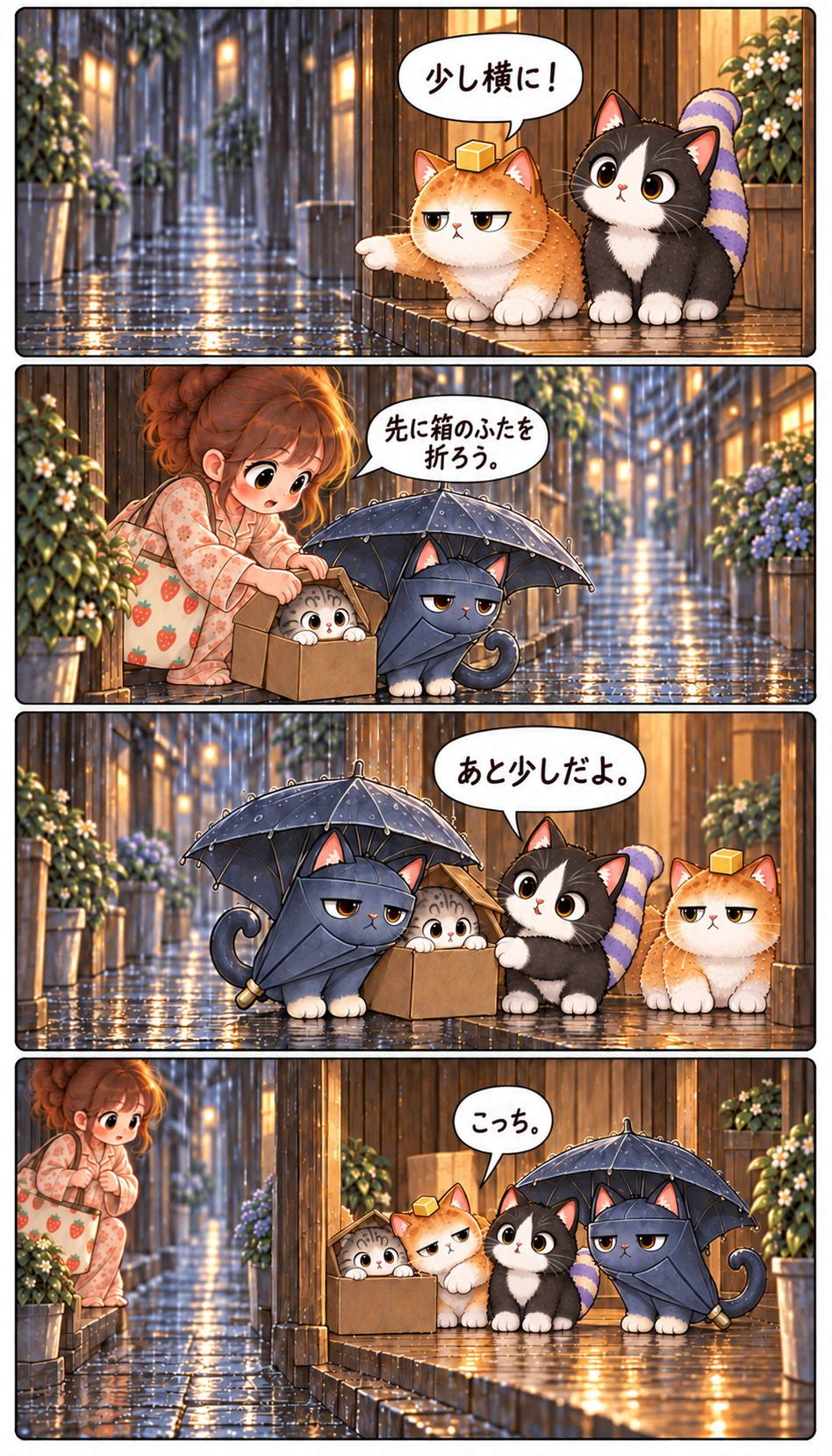 少し横に！ 先に箱のふたを折ろう。 あと少しだよ。 こっち。