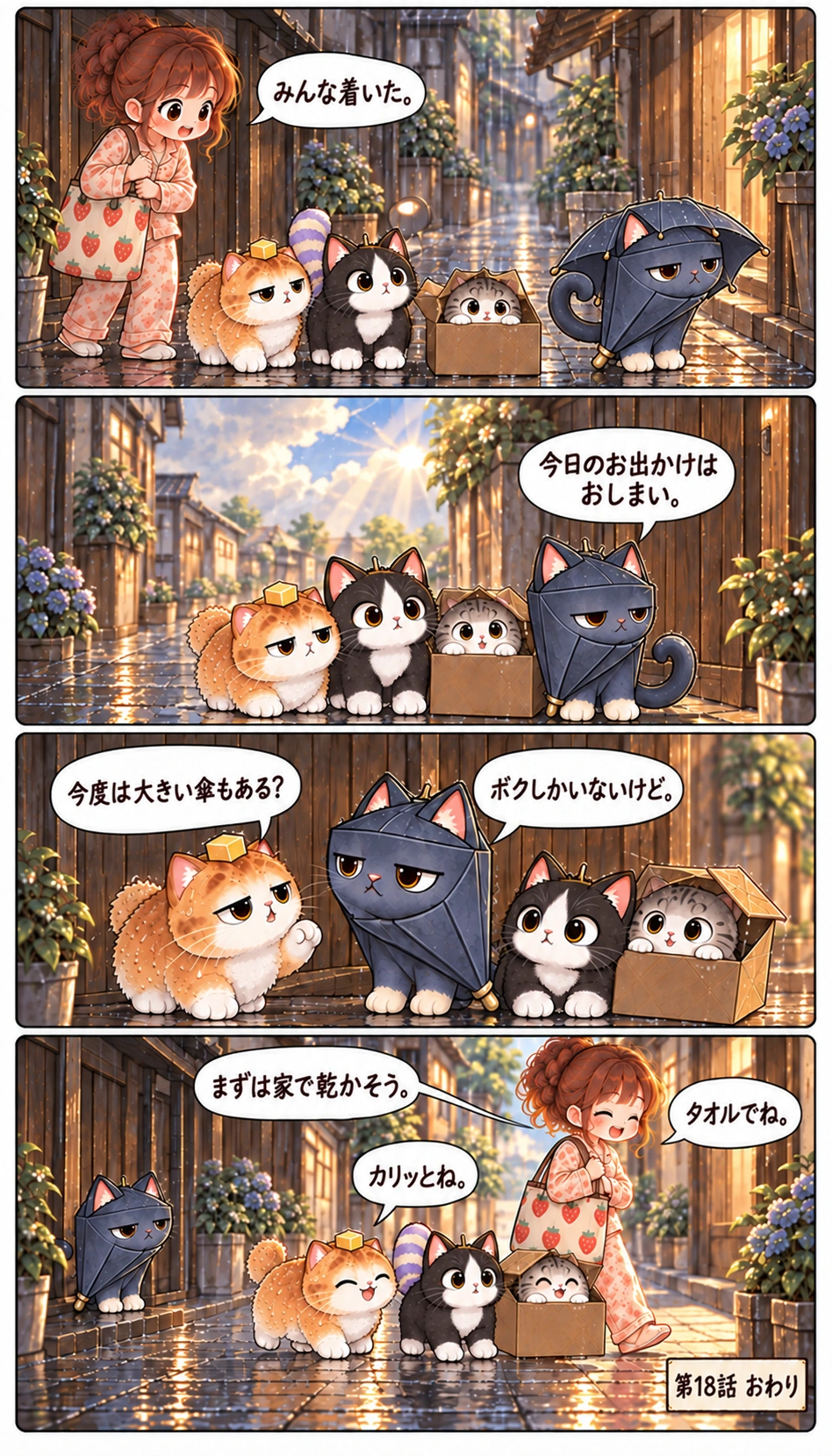 みんな着いた。 今日のお出かけはおしまい。 今度は大きい傘もある？ ボクしかいないけど。 まずは家で乾かそう。 カリッとね。 タオルでね。 第18話 おわり