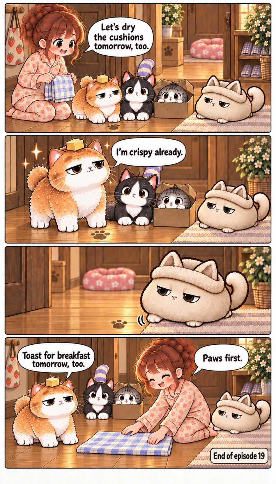 Let’s dry the cushions tomorrow, too. I’m crispy already. Toast for breakfast tomorrow, too. Paws first. End of episode 19